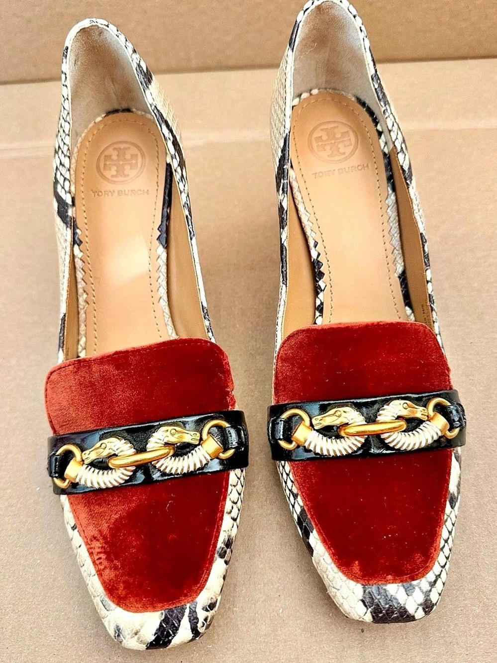 Tory Burch Jessa Snake Print and Velvet Block Heel Pump Velvet Block Heel Pumps
